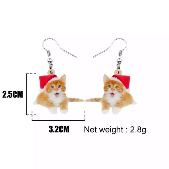 Tabby Cat Christmas Earrings Santa Holiday Orange - Picture 5 of 5